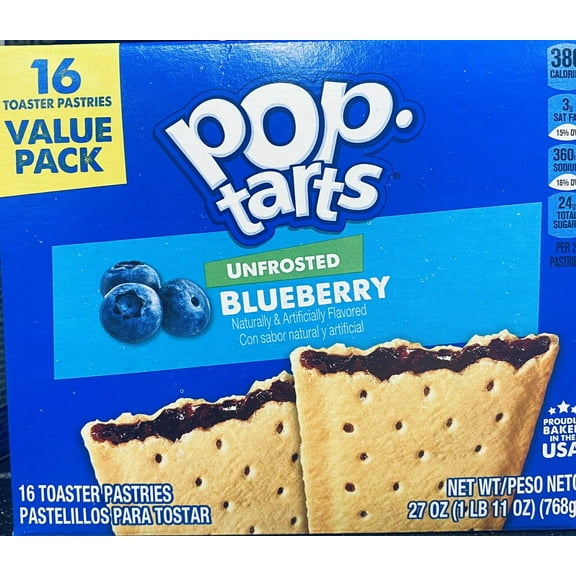 Kellogg's Pop Tarts UNFROSTED BLUEBERRY Toaster Pastries 16 Count 27 oz Box