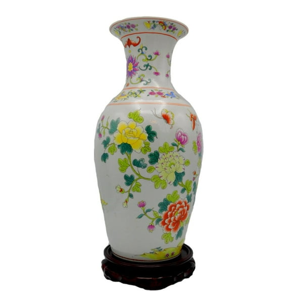 Colorful Fishtail Vase with Flowers, Flowering branch and Pheasants, 17.5" High - Oriental Furniture Warehouse