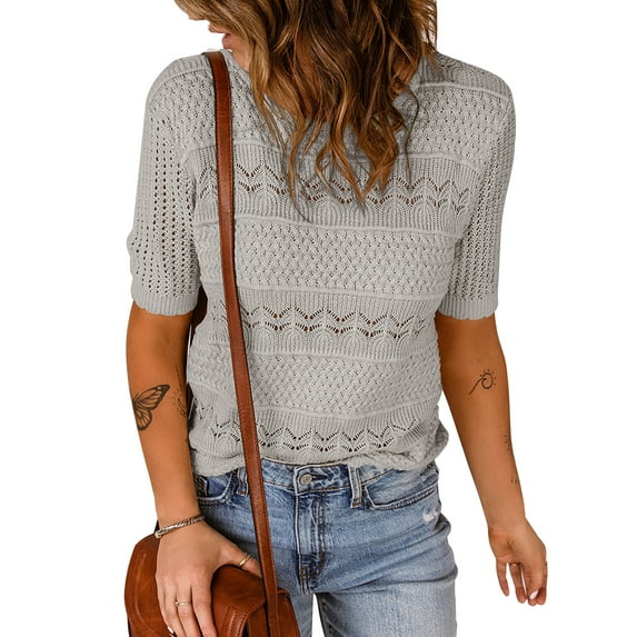 Asyoly Womens Tops Solid Short Sleeve Sweaters Tops Crew Neck Pullover Shirt Lightweight Knit Sweater Blouse