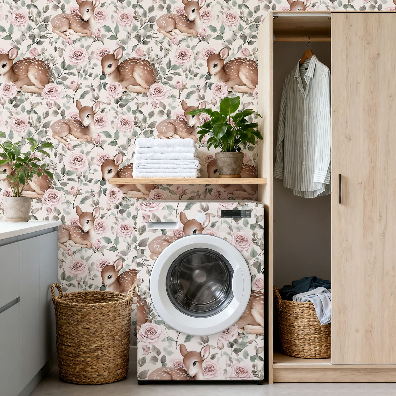 Farmhouse Peel and Stick Wallpaper 17.7in x 9.8ft Baby Deer Fawn Floral Pink Roses Soft Pastel Contact Paper Vinyl Waterproof Self Adhesive Wall Paper for Bedroom Shelf Cabinet Renter Friendly