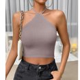 thumbnail image 2 of Camisa de punto sin mangas corta ajustada de Color liso elegante a la moda con lazo Halter para mujer para fiesta, 2 of 6