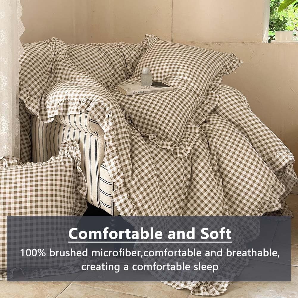 Tan Gingham Ruffle Queen Comforter Set, Taupe Ruffled Plaid Bedding Set, Ruffled Checked Bed Comforter 3 Pieces(Tan Gingham, Queen)