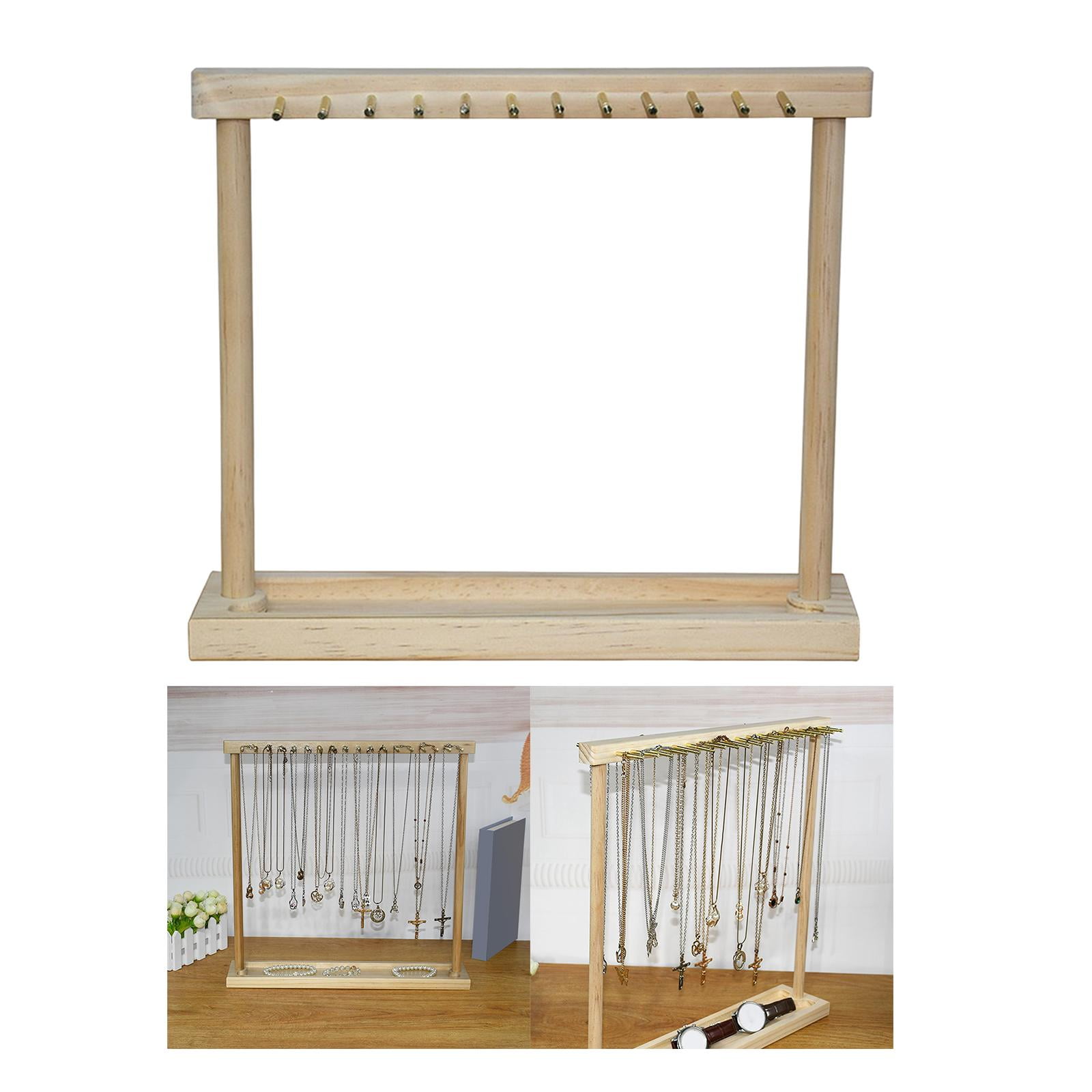 Modern Jewelry Organizer Display Stand, Wood Countertop Necklace Holder Display with Hooks for Pendants Necklace Rings Chains Storage Rack 12 Hangers