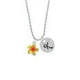 thumbnail image 2 of Delight Jewelry Silvertone Yellow and Orange Plumeria Flower Silvertone Script Initial Disc - K - Charm Necklace, 20"+3", 2 of 4