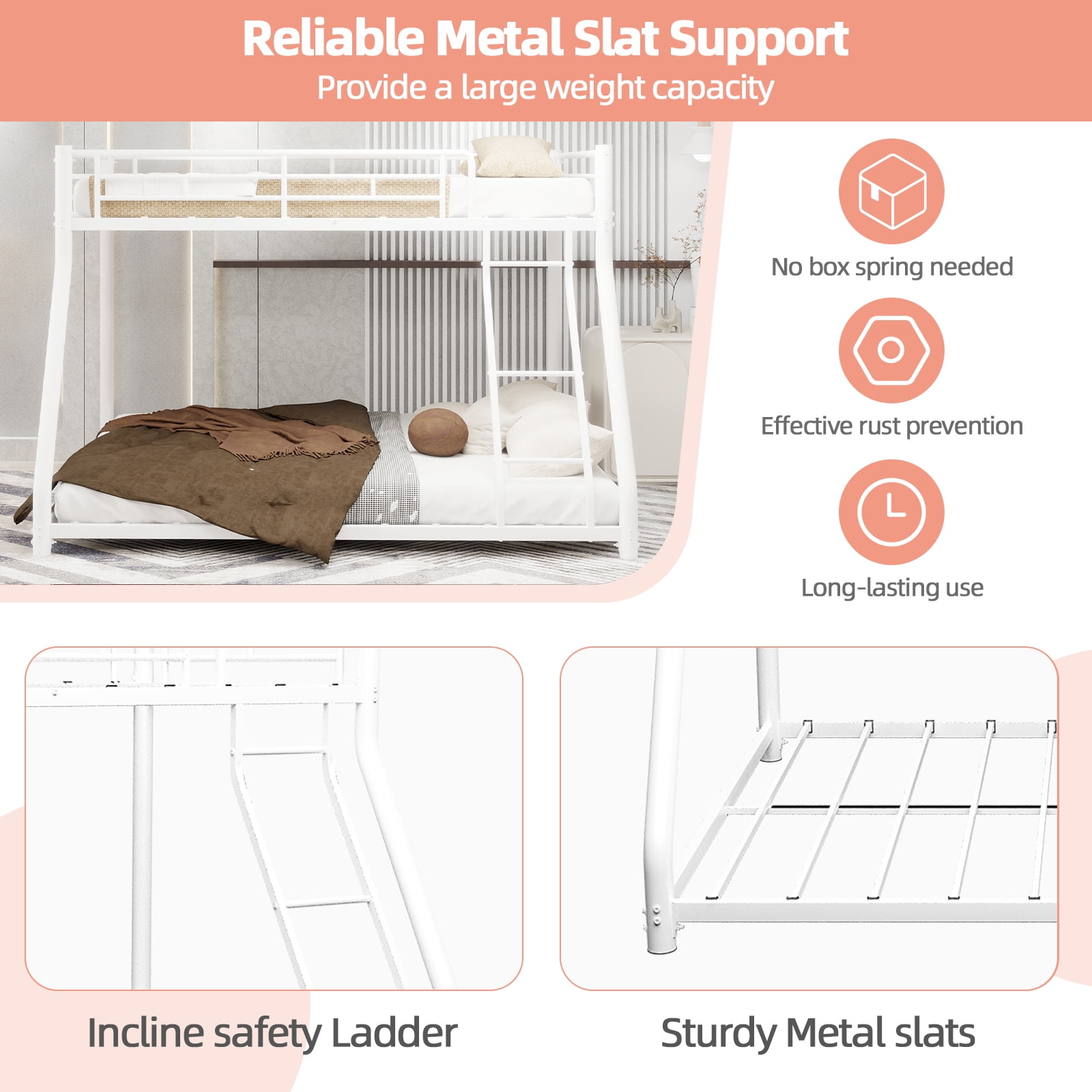 Mintazer Twin Over Full Bunk Bed, Metal Bunk Bed Frame with Guardrails and Ladder for Kids Teens Bedroom Dorm Apartment, White
