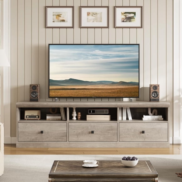 TV Stand for 75 Inch TV, Entertainment Centre with Storage Drawer, Mid-Century Modern TV Console with Open Shelves, Wood 70" Media Console TV Cabinet for Living Room, Grey