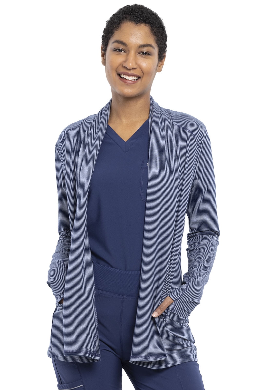 Cherokee Infinity Warm Up Scrubs Jacket For Women Open Front CK327, S, Navy / Grey