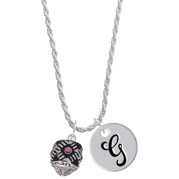 Delight Jewelry Silvertone Diagonal Banded Barrel with Hot Pink Crystals Spinner Silvertone Script Initial Disc - G - Charm Necklace, 20"+3"