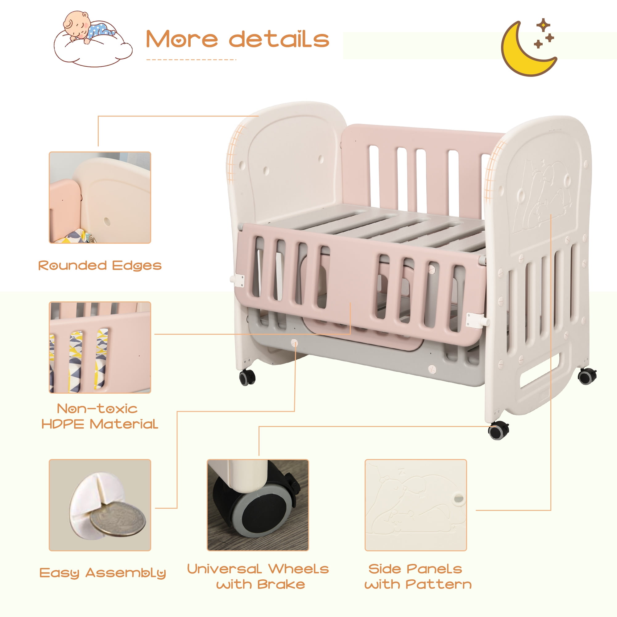 Qaba Baby Crib 3 in 1 Design Toddler Cot Cradle Beside Sleeping Cot with Storage Function Detachable Lockable Wheels for Infant Newborn Age 0 to 3 Years Old,Pink