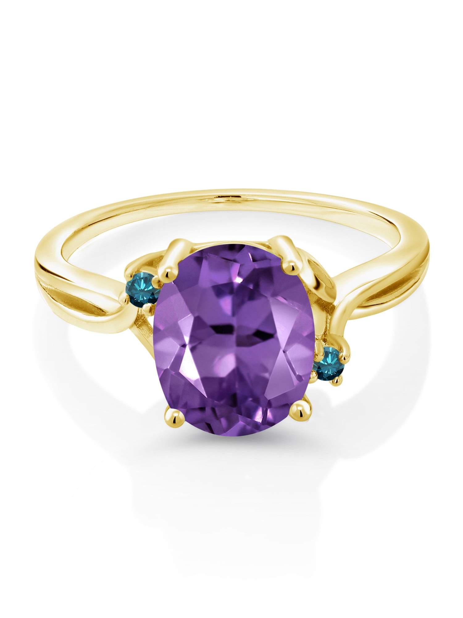 Gem Stone King 2.33 Ct Oval Purple Amethyst Blue Diamond 14K Yellow Gold Flower Ring