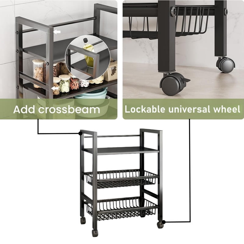 Howcool Heavy-Duty 3-Tier Storage Kitchen Cart with 2 Detachable Mesh Baskets, Metal Storage Organizer Rolling Rack