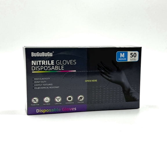 BUGUBUGU Waterproof Nitrile Cleaning Gloves Box Set, Black,Size M, 50 Count, 50 Pack