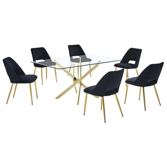 Rectangle 60" x 38" 7pc Clear Glass Dining Set with Black Chairs
