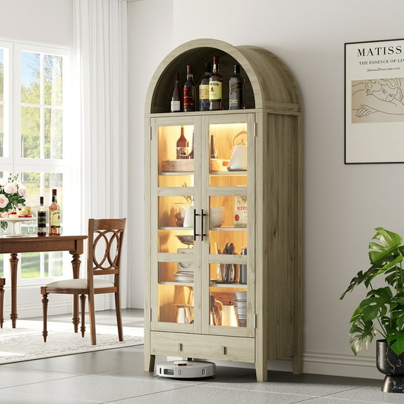 Arched Kitchen Pantry Cabinet, Farmhouse Kitchen Storage Cabinets with LED Lights, Bookcase with Open & Adjustable Shelves for Living Room, Office