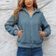 thumbnail image 3 of Abrigo de mujer de manga larga con cremallera, puños y bolsillos acanalados, chaqueta peluda azul océano medio, 3 of 7