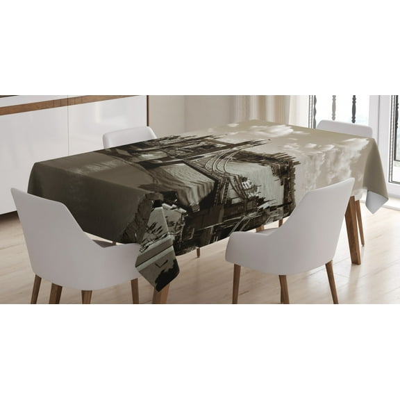 Ambesonne Travel Tablecloth Rectangular Table Cover, Tower Bridge and the Sky, 60"x84", Sepia White