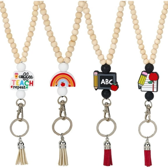 4pcs Wood Teacher Lanyard Silicone Bead Lanyard Wooden Cute Fashion Focal Bead Id Card Strap Necklaces Breakaway Lanyards Bulk For Adults Teacher School Badges Keys Chain Holder Phones Making DIY