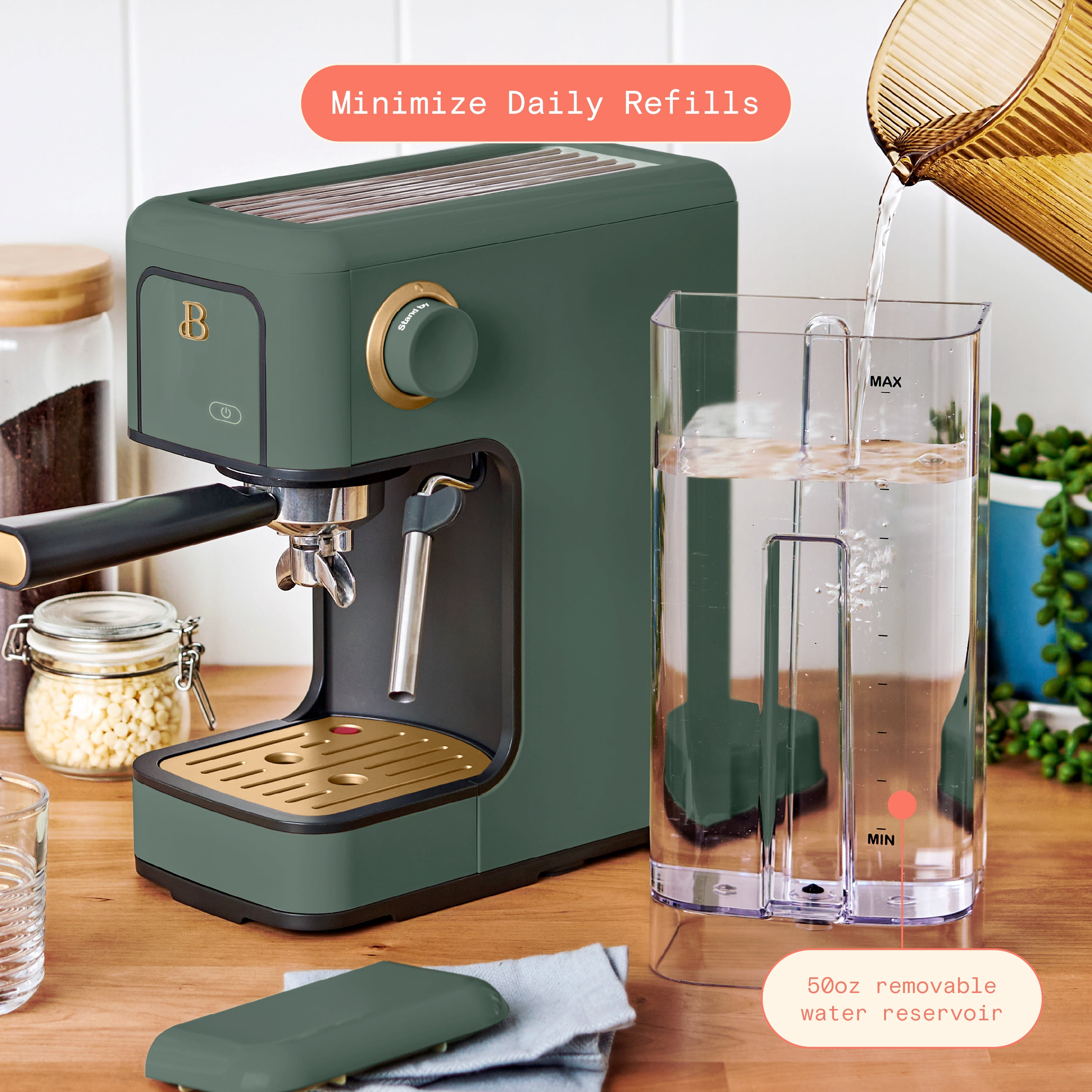 Beautiful Slim Espresso Machine with 20-Bar Pressure, Thyme Green by Drew Barrymore