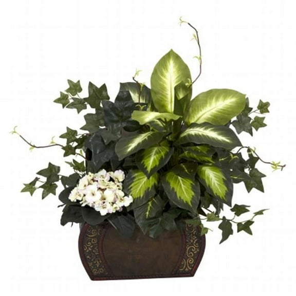 Nearly Natural African Violet, Dieffenbachia and Ivy with Chest Silk Plant
