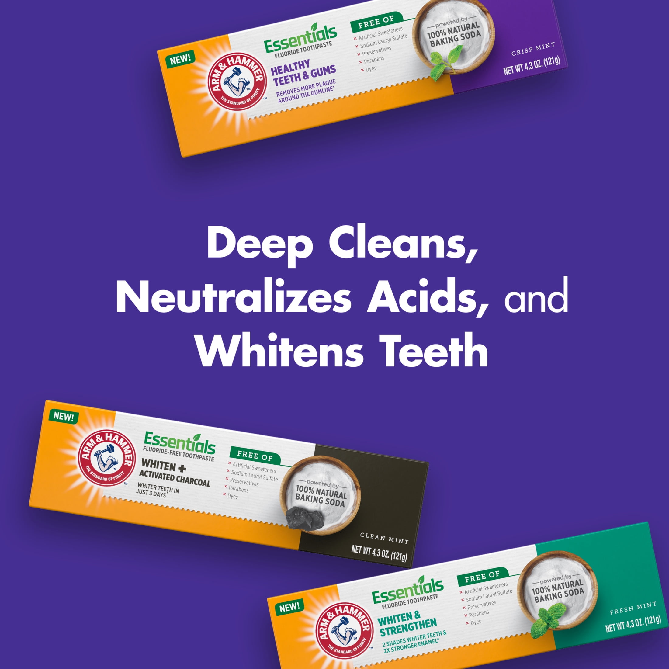 (2 pack) ARM & HAMMER Essentials Fluoride-Free Toothpaste Whiten + Activated Charcoal-One  4.3oz Tube, Clean Mint- 100% Natural Baking Soda