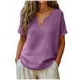 thumbnail image 1 of Camisa de Mujer de Manga Corta - Playera Casual Ligera de Aspecto Lino, Tops de Verano Transpirables de Ajuste Holgado con Cuello en V para Viaje y Vacaciones, Morados M, 1 of 6