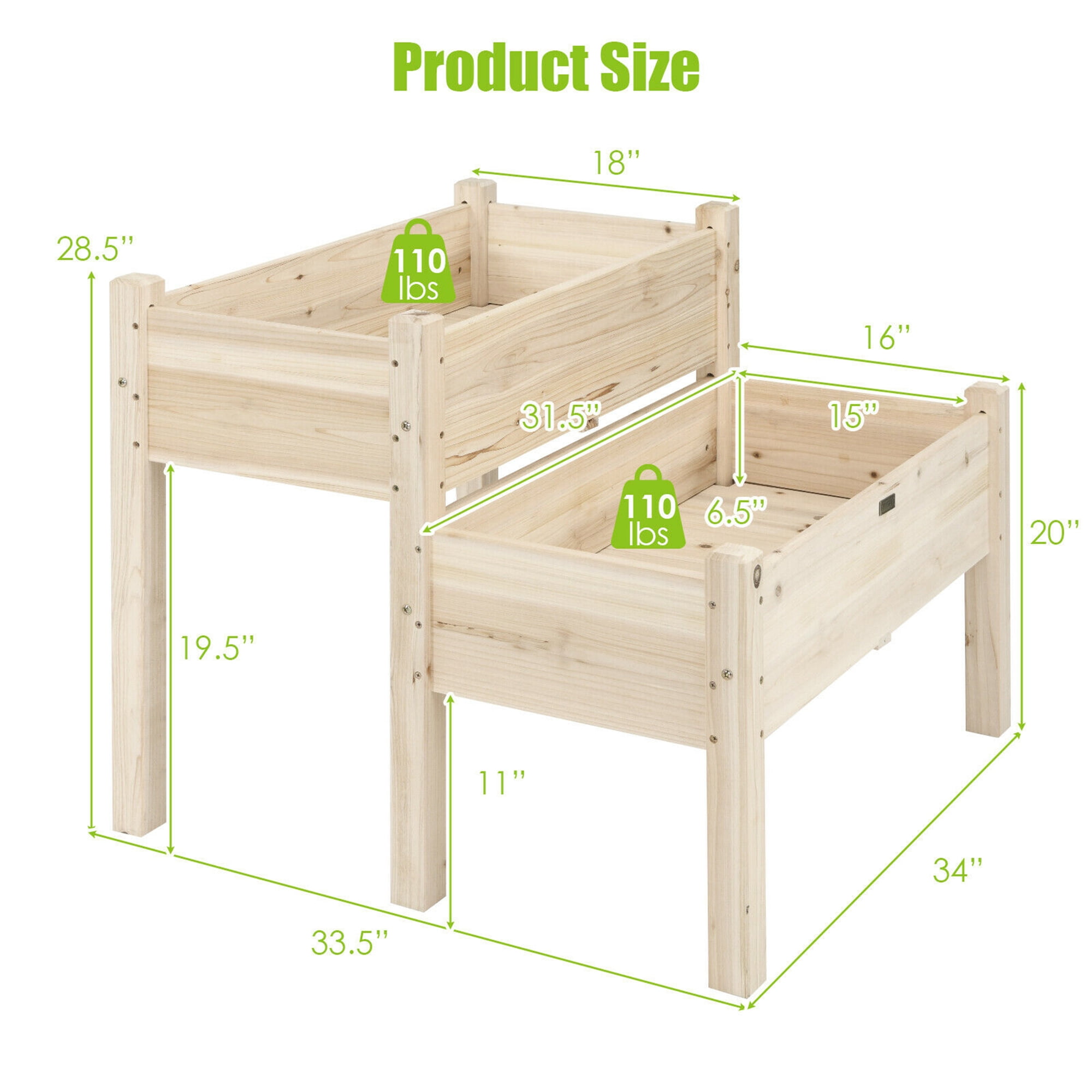 Gymax 2 Tier Wooden Raised Garden Bed Elevated Planter Box w/Legs Drain Holes