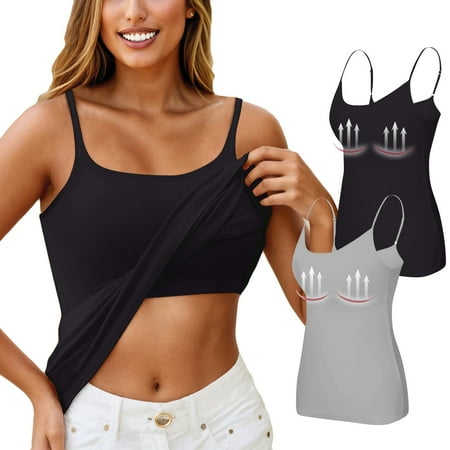 2 Piece Shelf Bra Tank Tops for Women Camisole Adjustable Spaghetti Strap Tank Tops Workout Plus Size Padded Undershirts