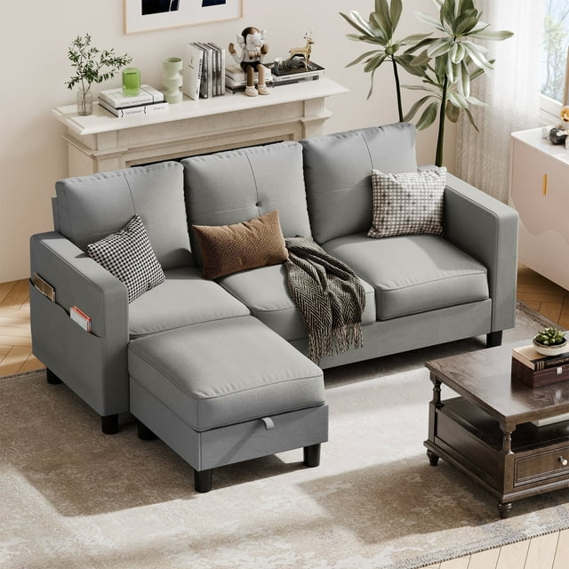 Walsunny 78" Convertible Sectional Sofa Couch L Shaped Couch Sofa for Living Room,Small 3 Seater Sofa Couch with Storage Ottoman and Side Pockets(Light Gray)