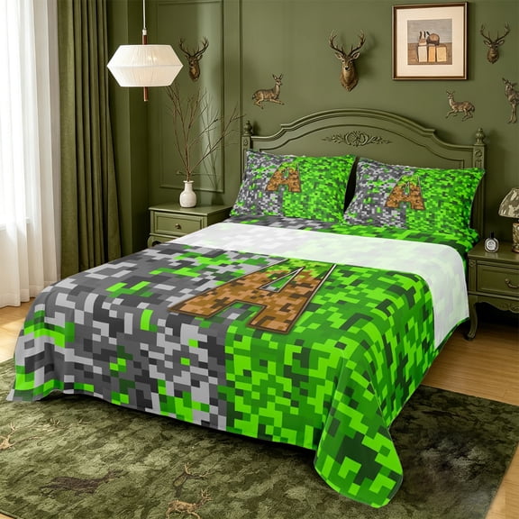 meiyoeat Classic Pixel Miner Games Bed Sheets For Boys,Monogram Letter A Full Size Sheets,4-Piece,1 Flat Sheet,1 Fitted Sheet and 2 Pillowcases