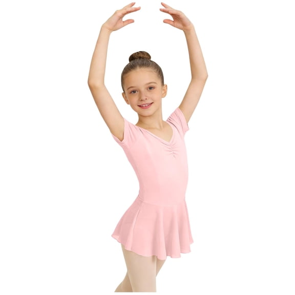 Virmaxy Solid Color Back Bow Short Sleeve V Neck Ballet Dance Dress Stretchy Easy Wear Mesh Mini Dress for Practice and Performance, for 3-15Y