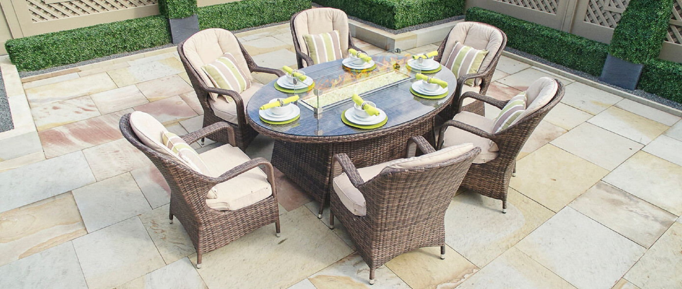 Oval Brown 7 Piece Outdoor Patio Furniture Set Dining Set Gas Fire Pit