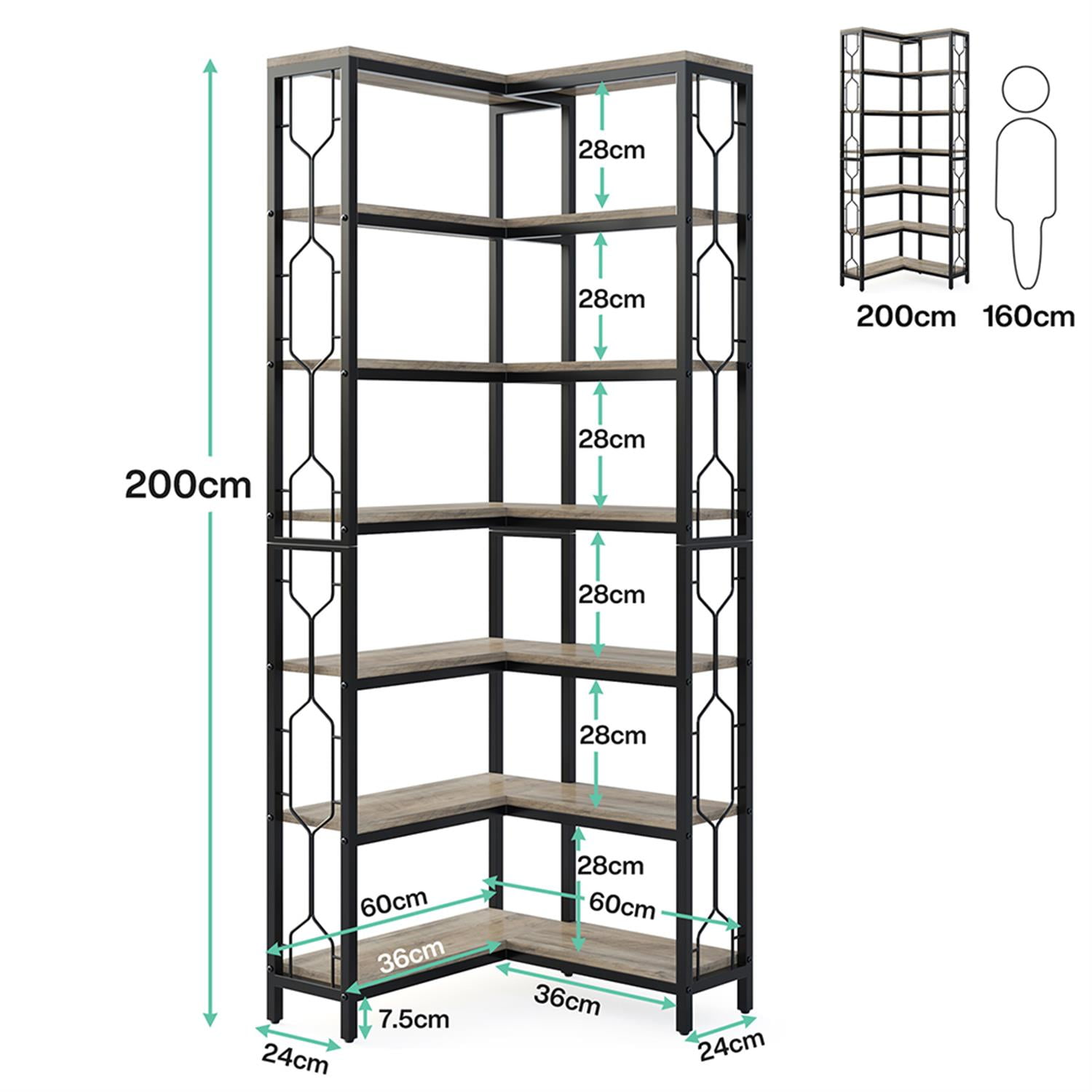 Demi Bonn 7 Tier Corner Bookshelf, Wood and Metal Bookcase Storage Organizer,dustrial Display Standing Shelf Unit for Bedroom, Living Room, Gray