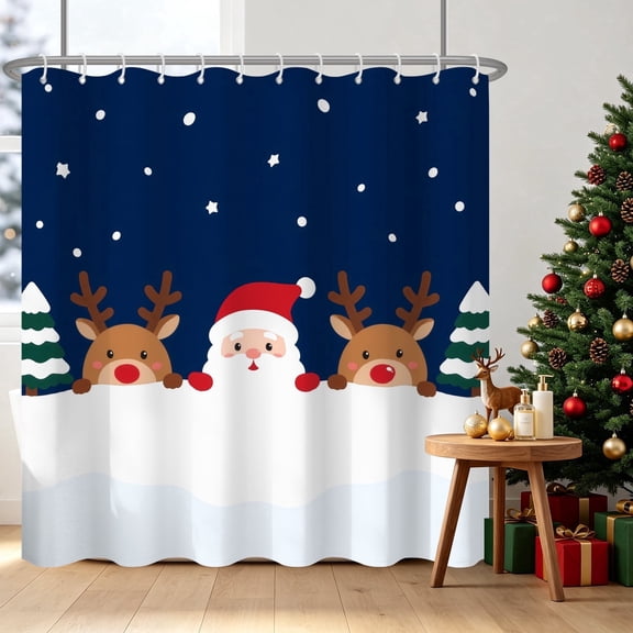 Tchckioa Christmas Reindeer Shower Curtain for Bathroom,Waterproof and Privacy Hooks Bath Curtain,Blue and White,72x72