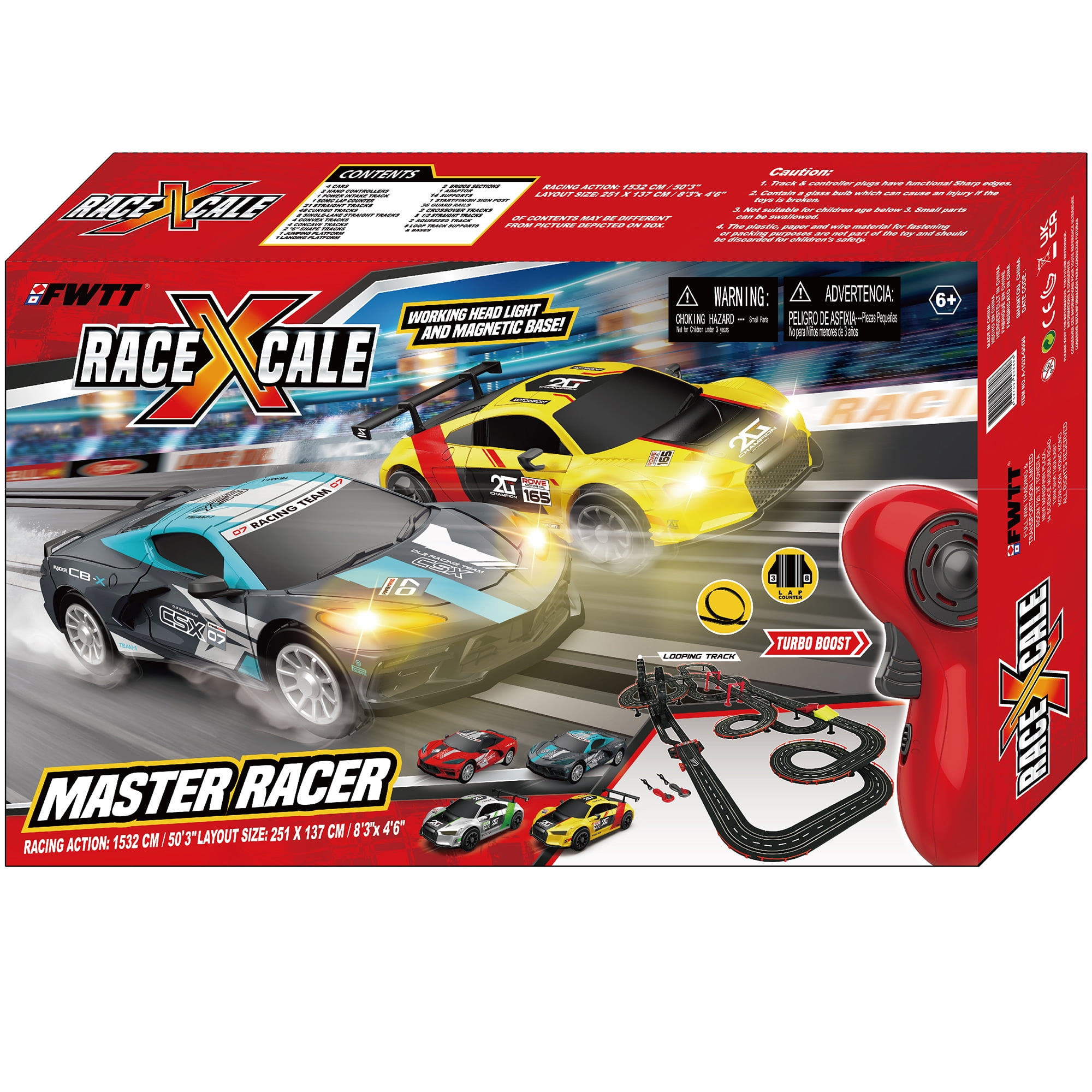 RaceXCale: Master Racer - 1:43 Scale G5 & G6 Slot Car Track, Electric Power Toy Set, 8'3" x 4'6", 4 Magnetic Cars w/ Head Lights, 2 Speed Controllers