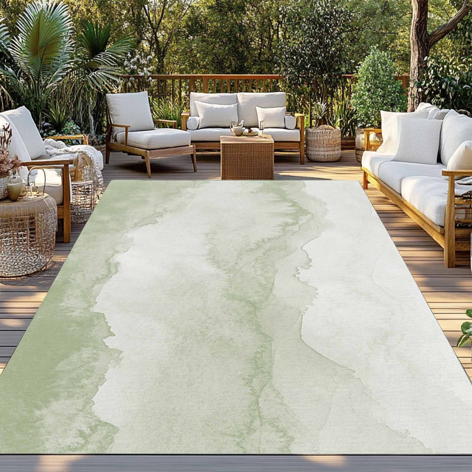 5' x 8' Outdoor Rug, Sage Green Ombre Mountain Outdoor Washable Rug Large Floor Carpet, Nature Abstract Art Marble Non Shedding Area Rug for Outside Patio RV Porch Deck Balcony Camping Living Room