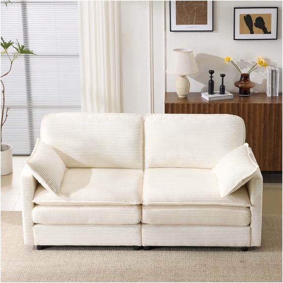 JERFIT Modern Corduroy Loveseat Sofa with Ottoman, 2-Seater Sectional Couch for Small Spaces, Cloud-Like Comfort, Beige Apartment Furniture for Living Room, Bedroom