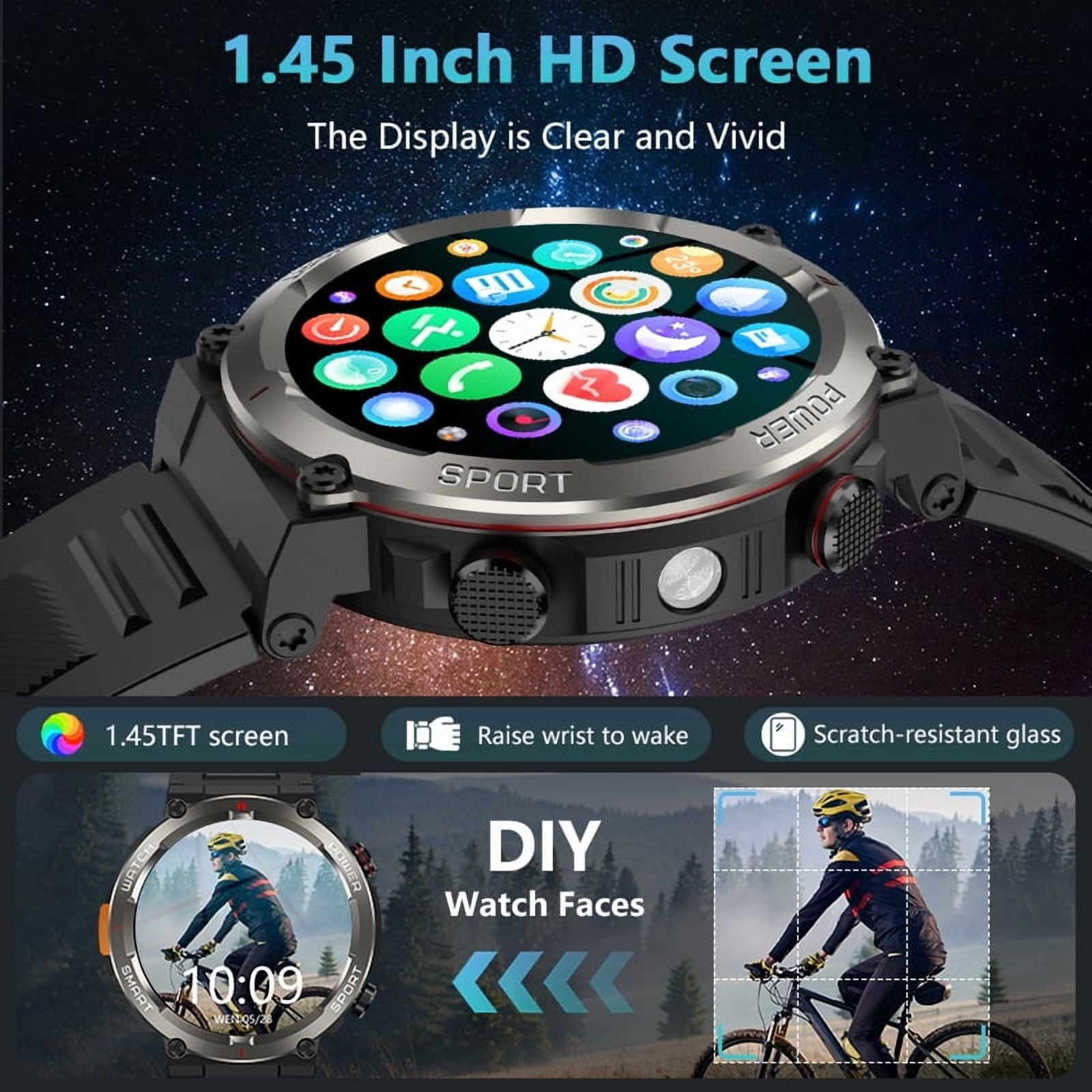 Blackview Military Smart Watch for Men, 1.45" HD Rugged Smartwatch with Calls, LED Flashlight, Compass, 100+ Sports Modes, 960mAh Battery, Waterproof, Compatible with iPhone Android, Khaki,Black