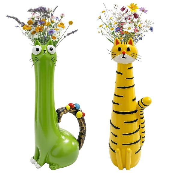 2 Pcs Quirky Cat Vases, Whimsical Resin Kitty Flower Vases, Tall Kitty Bud Containers, Funny Animal Planter Ornaments for Bookshelf, Desk, Windowsill, Unique Presents for Cat Lovers