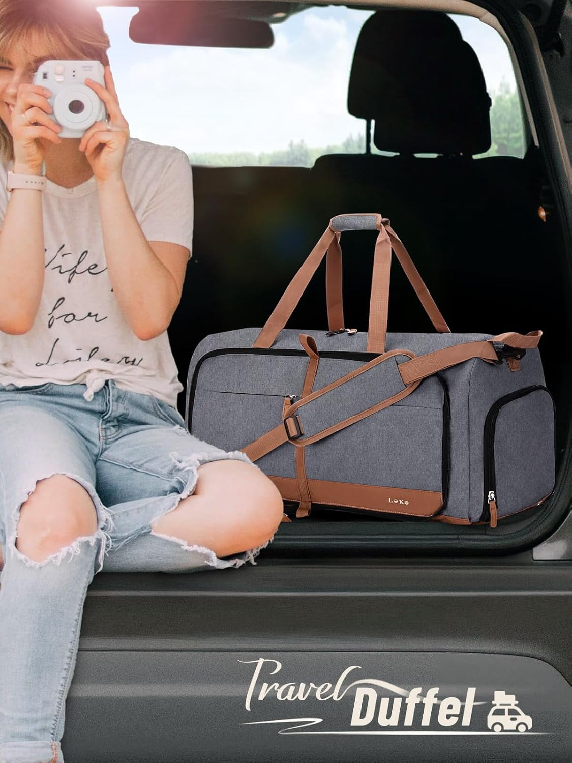 80L Large Foldable Travel Duffle Bag for Women - Separate Shoe Compartment, Carry On Weekend/Overnight/Hospital Bag with Straps (Blue Stripes)