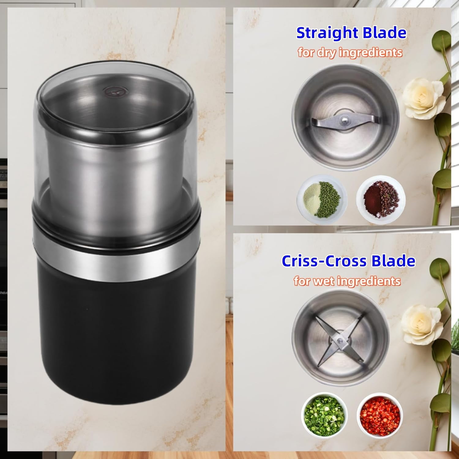 2026 New Stainless Steel Coffee & Spice Grinder, Electric Multi-Use Cup Grinder, Large Capacity Detachable Cup for Easy Cleaning, for Home Kitchen (Straight Blade&Criss-Cross Blade)Z