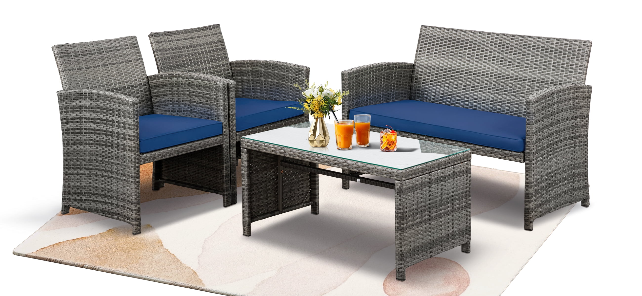 Walsunny Outdoor Patio Rattan Wicker Furniture Conversation Set 4 Piece with Cushions Tempered Glass Tabletop,Navy Blue
