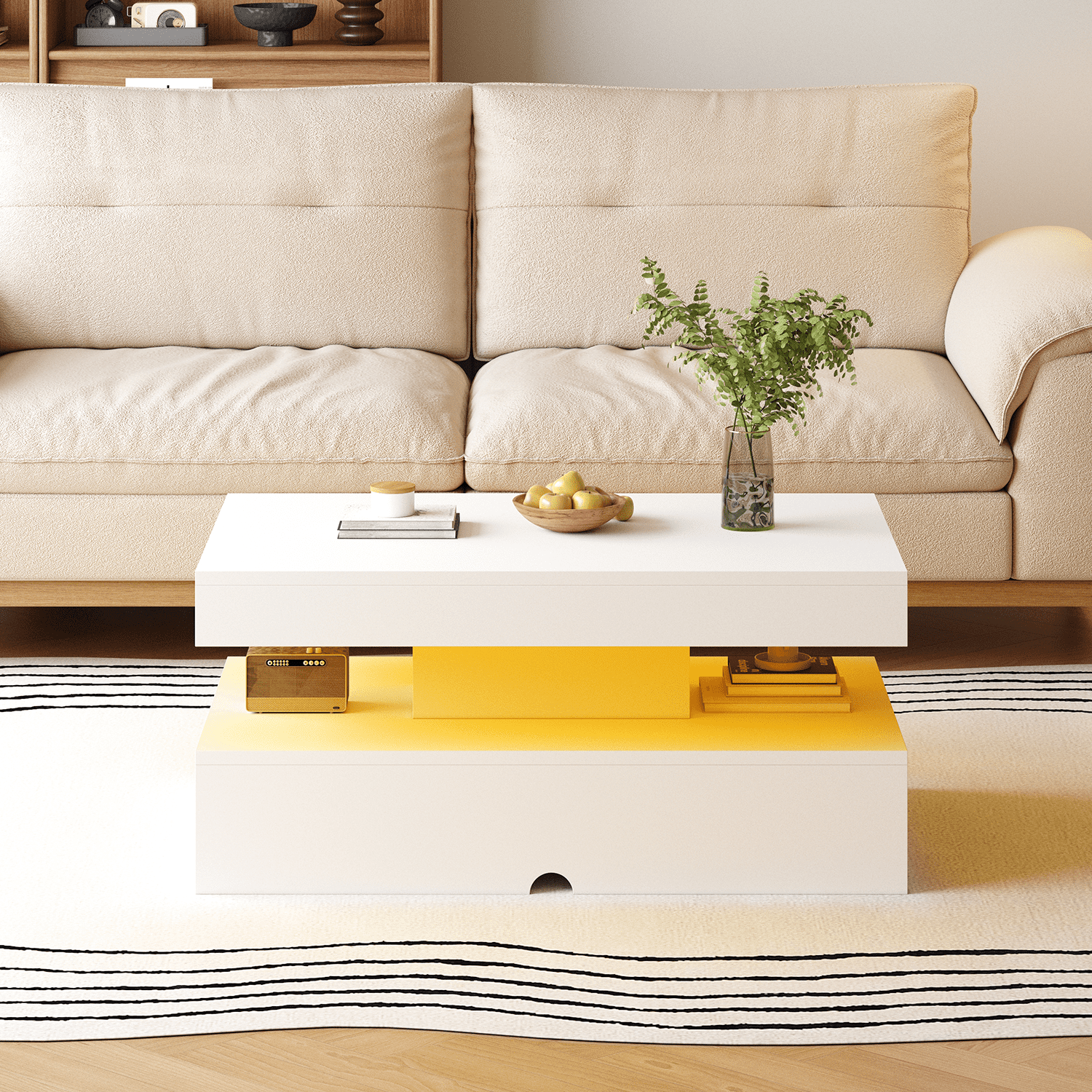 Sonegra 39" High-Glossy LED Coffee Table, Storage Coffee Table with 2 Sliding Drawers for Living Room, Modern Stylish Double-Layer Center Tables with LED Lights, White