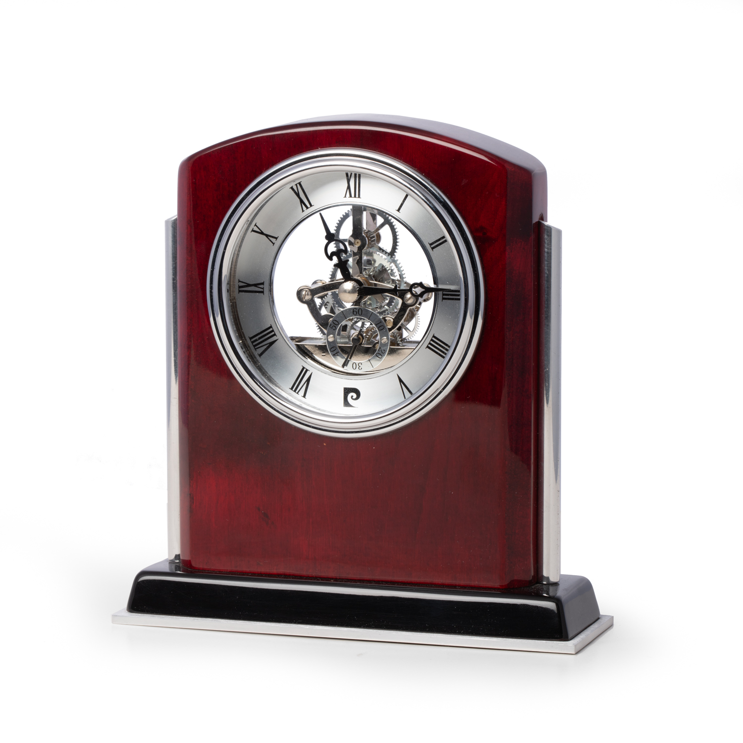 Lacquered Mahogany Wood Skeleton Movement Clock with Stainless Steel