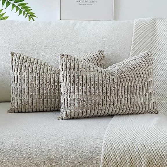 Eryueer Corduroy Soft Striped Throw Pillow Case 40x60 cm Boho Decorative Throw Pillow Covers Lumbar Cushion Case Couch Home Decor Cushion Covers for Sofa Bedroom 16x24 Inch Set of 2 (Taupe)