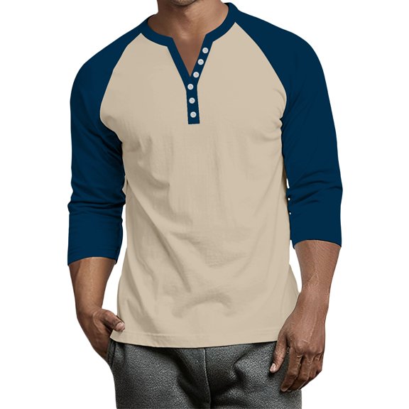 Fabrcox Men 3/4 Sleeve Shirt Raglan Henley T Shirts for Men Gym Athletic Running Big and Tall Spring Color Block Mens Tops
