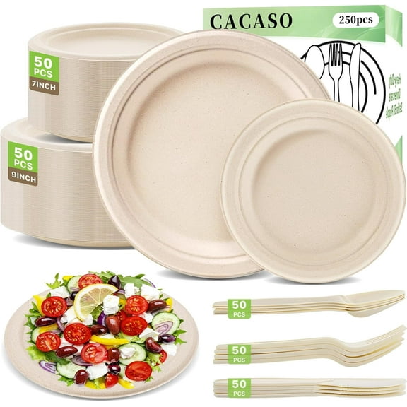 250 PCS Compostable Paper Plates Set,Heavy Duty Disposable Paper Plates Set,Biodegradable plates and utensils Includes Plate,Extra Long Forks,Knives,Spoons for Party Camping
