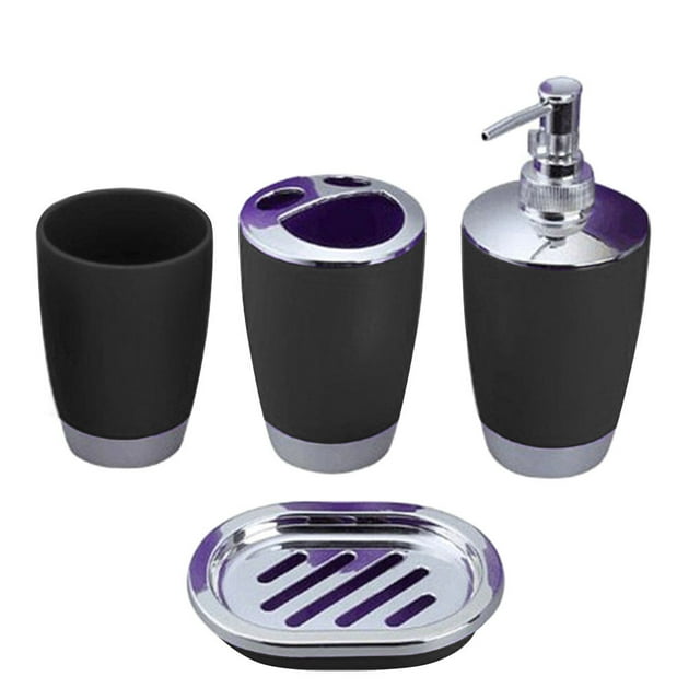 4pcs Bathroom Accessory Set PP Plastic Bathroom Accessory Set Soap Suit Cup Toothbrush Holder Soap Dish Dispenser Kit,Black