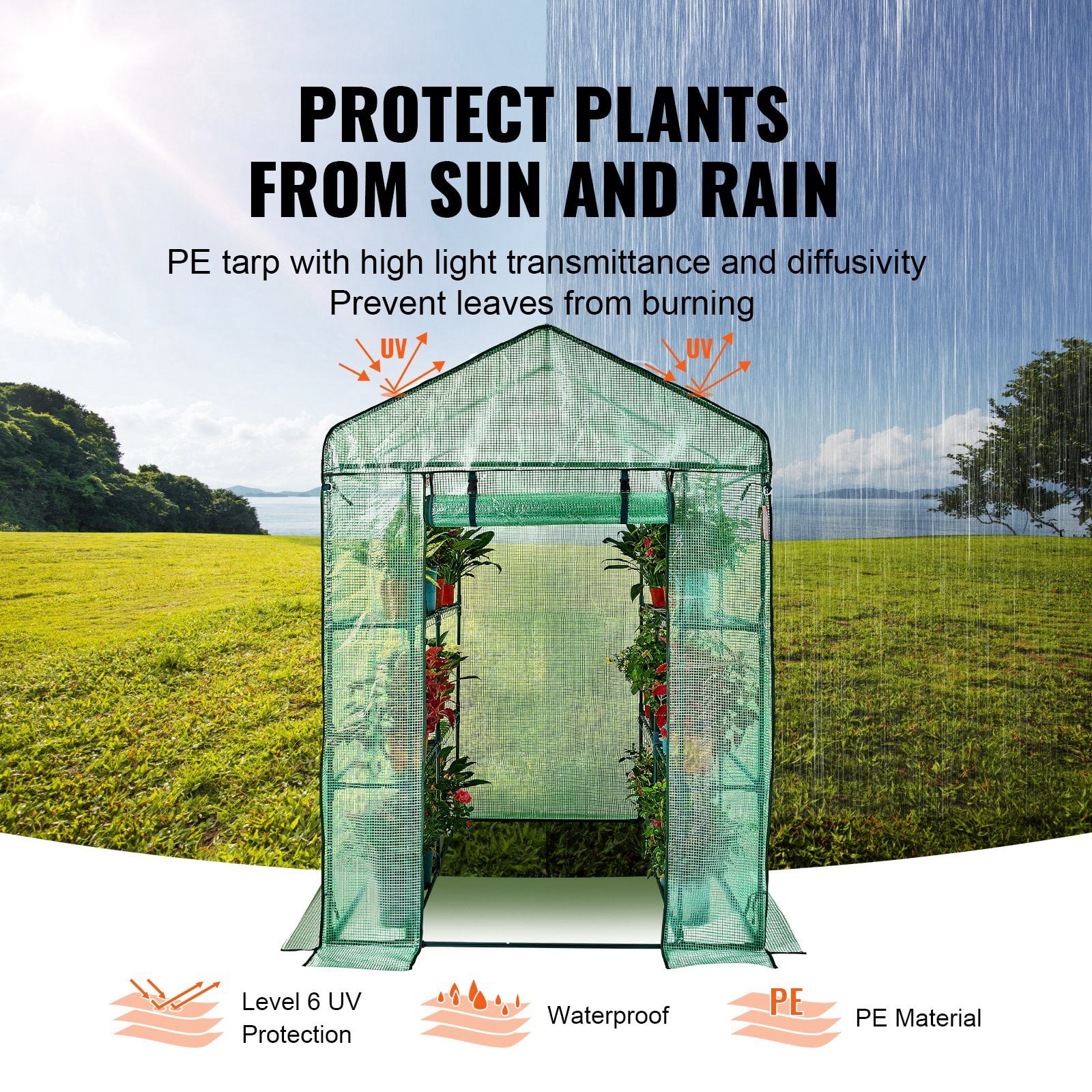 Portable Walk-in Greenhouse 4.6x4.6x6.6ft, Durable PE Cover, Zipper Door, Steel Frame w/Shelves