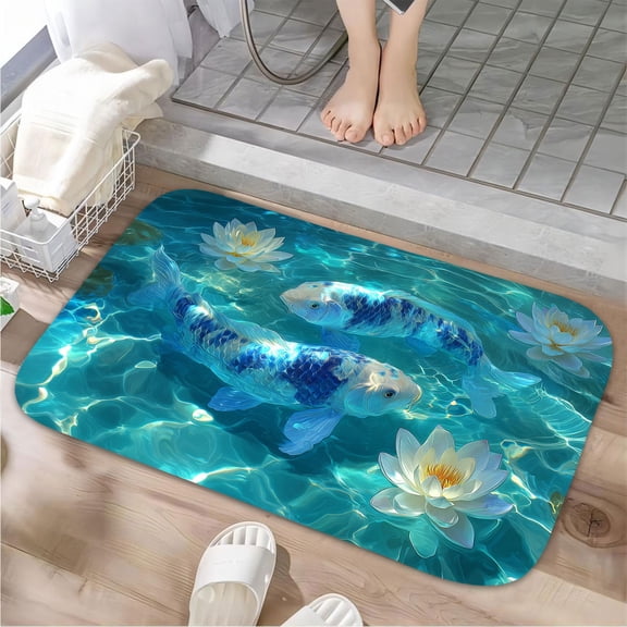 1pc Two Koi Fish and Water Lilies Absorbent Non-Slip Bathroom Thickened Flannel Rug Decor,Soft,Quick Drying,Suitable For Indoor/outdoor Use,Bathrooms,Bedrooms,Kitchens,Terrace,Laundry Rooms,16"x24"