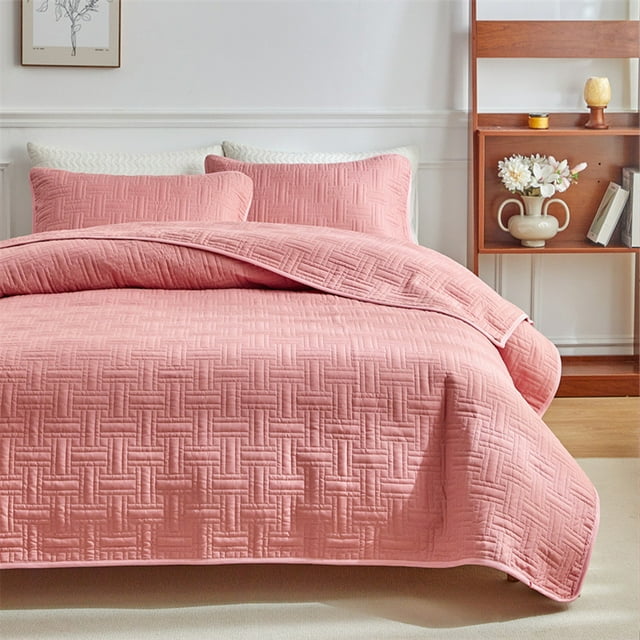 Meitianfacai Double Sided Washed Cotton Quilted Bed Cover 3 Pcs Set Solid Colo Pillowcase20x26in, Pink